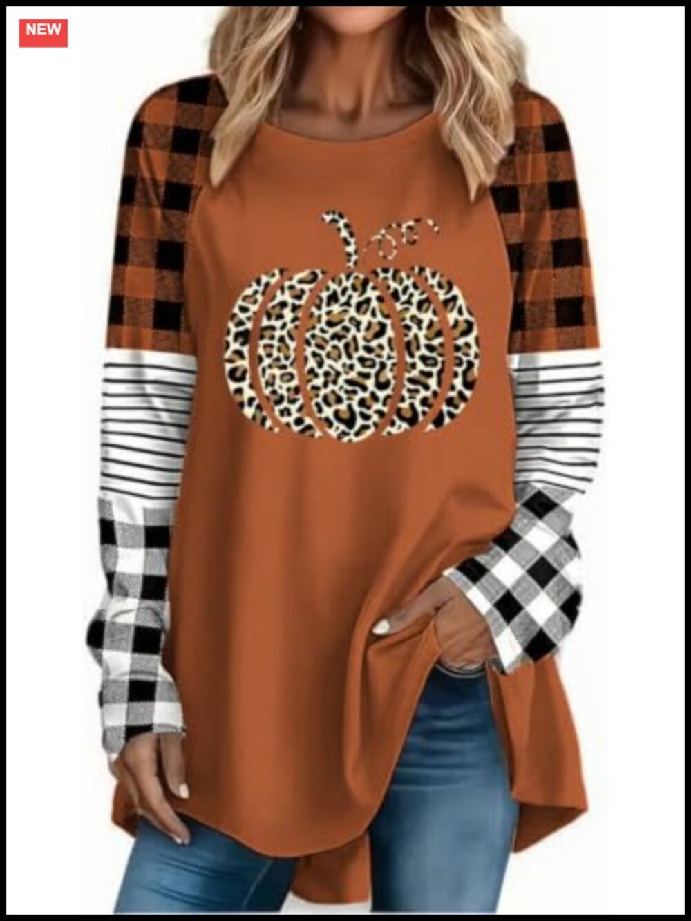 Womens Cotton Blend Plaid Striped Raglan Long Sleeve Fall Halloween Tee
